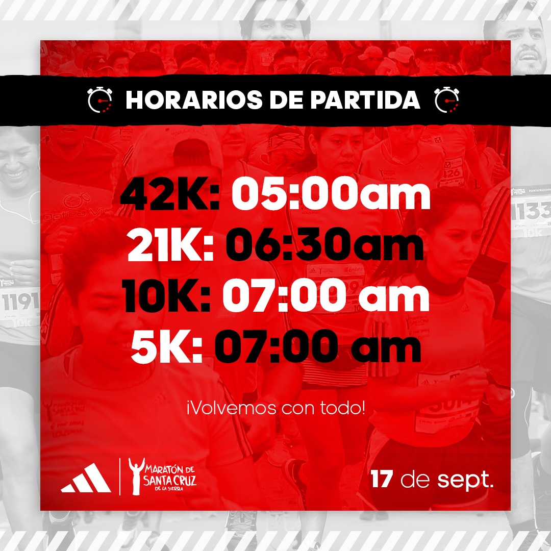 Horarios oficiales de partida Maraton de Santa Cruz de la Sierra