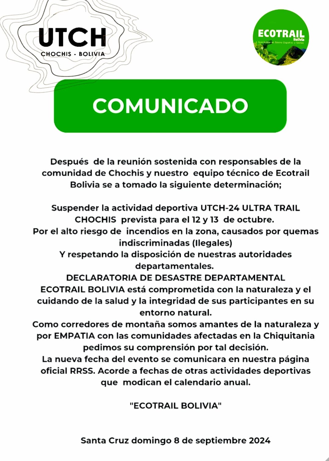 Comunicado - Suspensión Carrera Ultra Trail Chochis